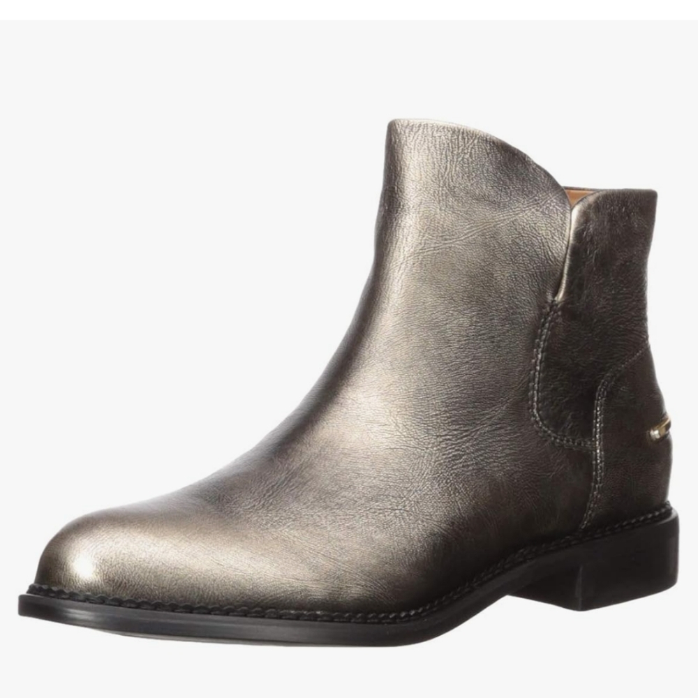 Franco Sarto Women's Happily Ankle Gold Leather Almond Toe Stacked Heel Booties